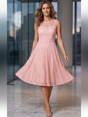 Kensie Fit Flare Lace Wedding Guest Dress Empire Waist Pink Sleeveless 2 NEW